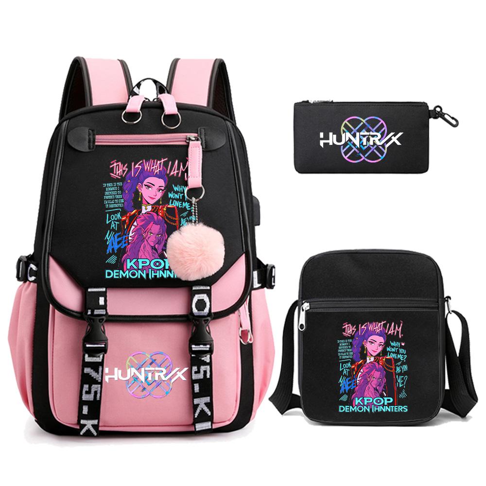 3Pcs/set Anime Cute Kpop Demon Hunters Printed Backpack with Shoulder Bag Pencil Case for Teenager Girl Boy Bookbag Large Capacity Travel Bag Kid Gift