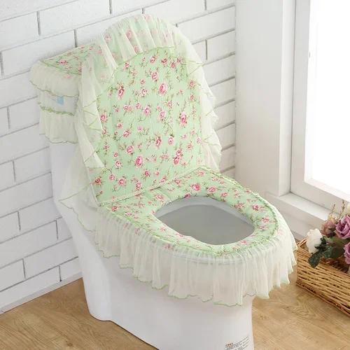 Декор из кружевной ткани с принтом Коврик для унитаза из трех частей Большая юбка Подол Чехол на сиденье для унитаза с молнией Пылезащитный чехол для унитаза