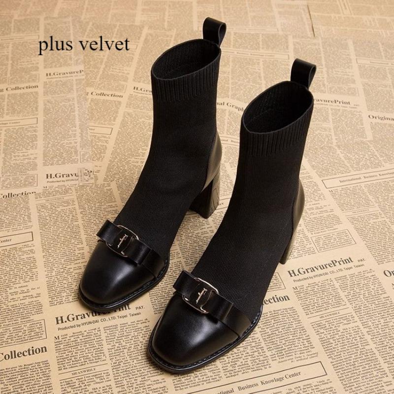 Women Knit Ankle Boots Fashion Metal Decoration Slimming Short Booties Women Autumn Winter Elegant Thick Heel Shoes for Women