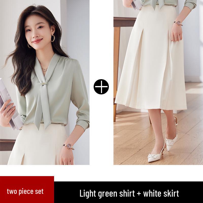 Весна 2024 Женская блузка из струящегося атласа с воротником-стойкой и завязками - Свободный крой, Профессиональный OL-дизайн