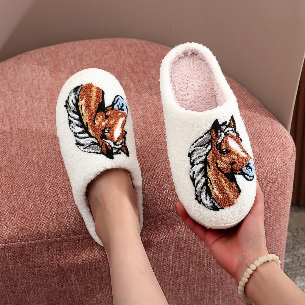 Farmer Ranch Horse Pattern Embroidered Plush Home Thick-Soled Comfortable Furry Slippers Cute Warm Non-Slip Indoor Slippers
