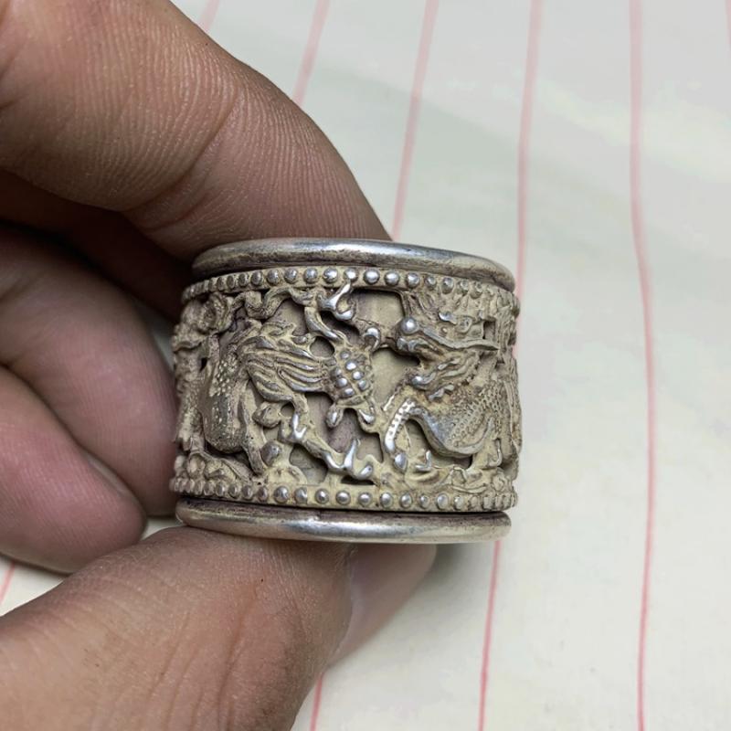 Collect Old China Tibet Silver Sculpture Force Miao Silver Relief Kylin Ring or Pendant Gift Mascot