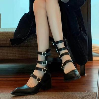 Готические туфли-лодочки с пряжками, заостренный носок, панк-наряд, черные, новые весенние женские туфли