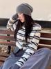 Korean Striped Wool Knit Cardigan for Women - Petite Loose Fit, Round Neck, Early Autumn Sweater Coat