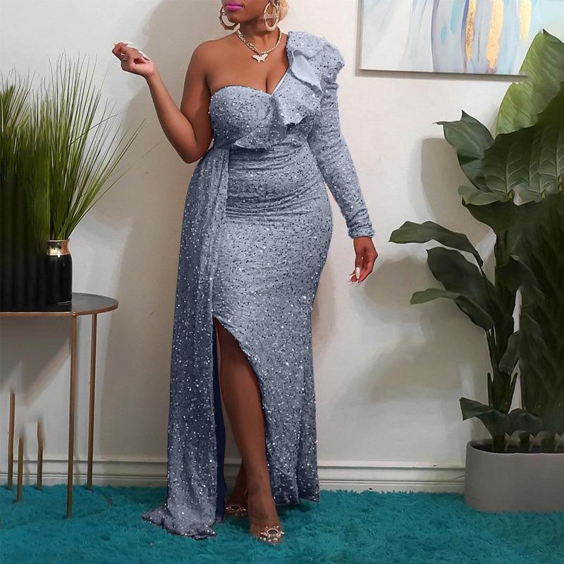 Зимнее платье подружки невесты на одно плечо с пайетками 2025 года — элегантный европейский и американский стиль