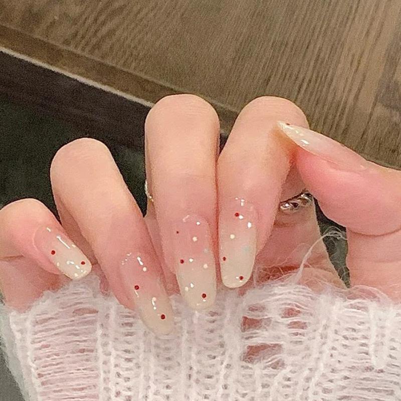 24 шт. Розово-белые градиентные маленькие в горошек накладные ногти с желеобразным клеем, съемные накладные ногти, полное покрытие, накладные ногти