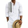 Мужская рубашка с длинным рукавом из смешанного льна, с воротником-стойкой, этнический геометрический принт, полупуговичная рубашка Henley, повседневные пляжные богемные топы для мужчин, разные цвета