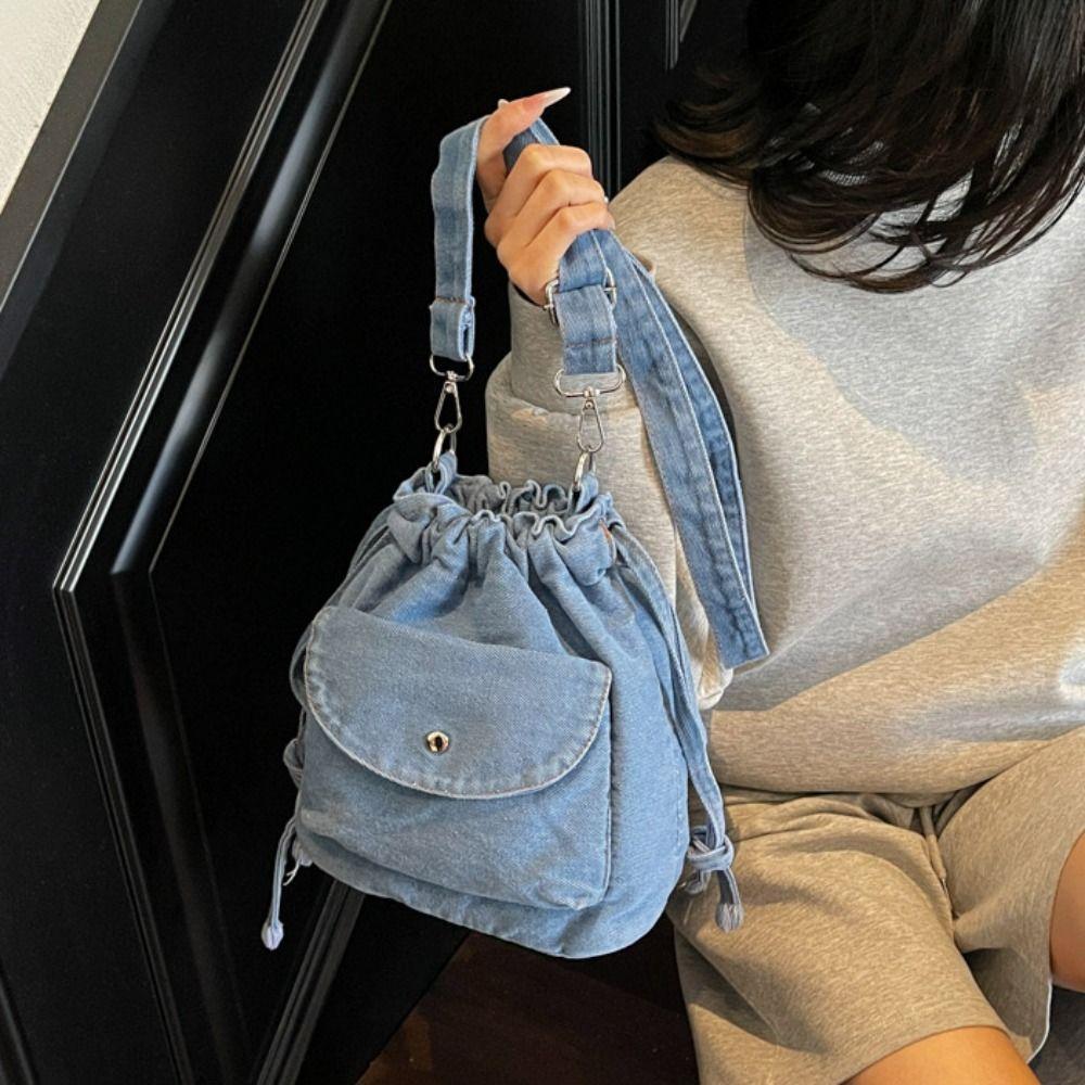 Crossbody Bag Drawstring Bucket Bag Korean Style Mobile Phone Bag Retro Denim Shoulder Bag Women
