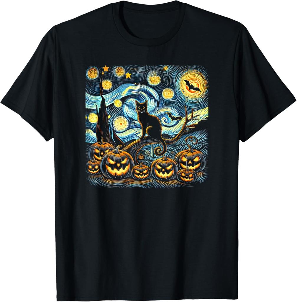 Halloween Starry Night Pumpkin Black Cat Costume Unisex T-Shirt