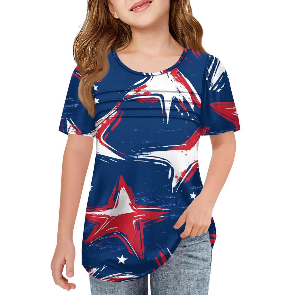 Детская плиссированная футболка с коротким рукавом, летняя футболка с круглым вырезом и принтом «День независимости»