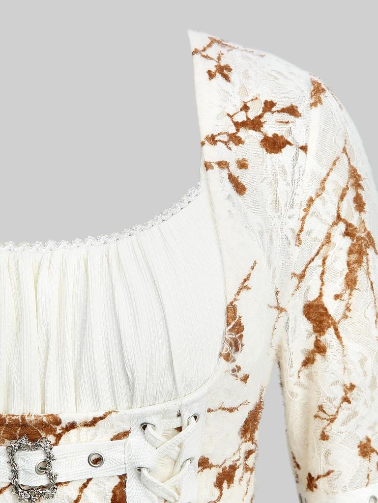 Rosegal Большой размер Платье с цветочным принтом, кружевом, сборками, пряжкой, шнуровкой, рукавами-клеш, с высоким-низким подолом