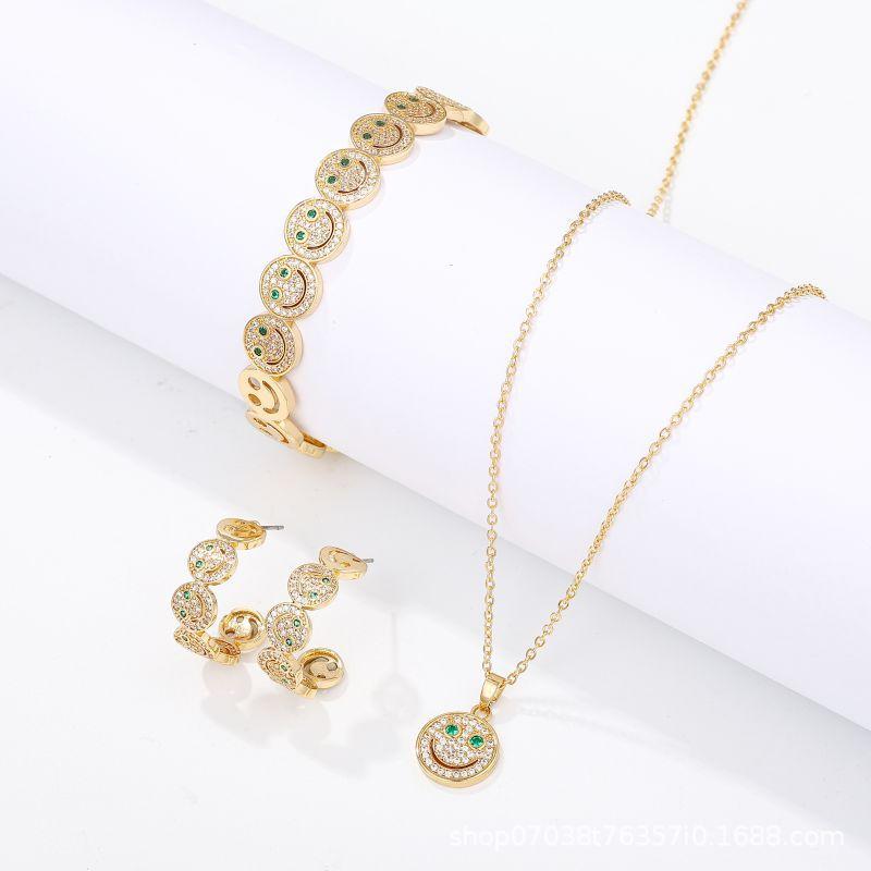 2026 Retro Bracelet Smiley Face Zircon Earrings Necklace Jewelry Set Micro-inlaid Hollow Female Versatile Collarbone Chain