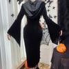 GMXIA Halloween Women's Dress Dark Ethos Hooded Trumpet Sleeve Spider Web Dress for Women