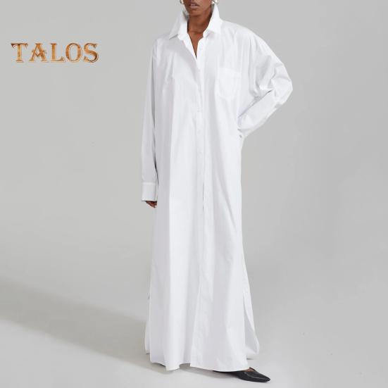 Women Shirt Dress Lapel Long Sleeve Side Slit Design Casual Shirt Solid Color Buttons Closure Maxi Dress Daily Wear