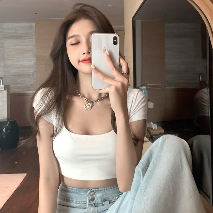 Летняя корейская женская однотонная футболка с коротким рукавом и U-образным вырезом