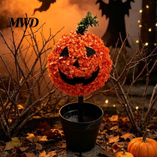 Indoor Halloween Party Props Artificial Pumpkin Topiary Tree, Face Faux Boxwood Plants with Stake, Weatherproof Garden Lawn Ornaments Fall Autumn