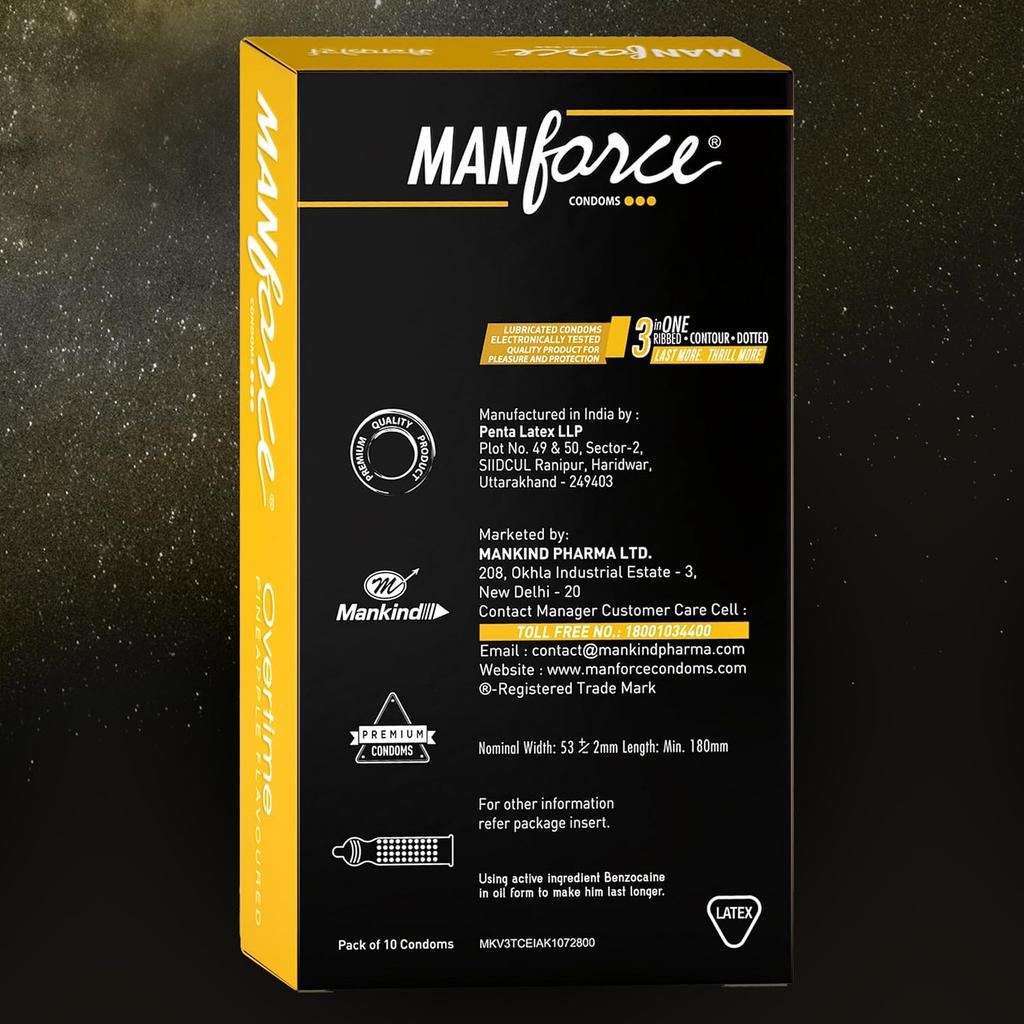 Manforce Презервативы Overtime со вкусом ананаса для мужчин | 10 шт. | Точечные, Контурные и Ребристые Презервативы | Для Длительного Удовольствия Обоих