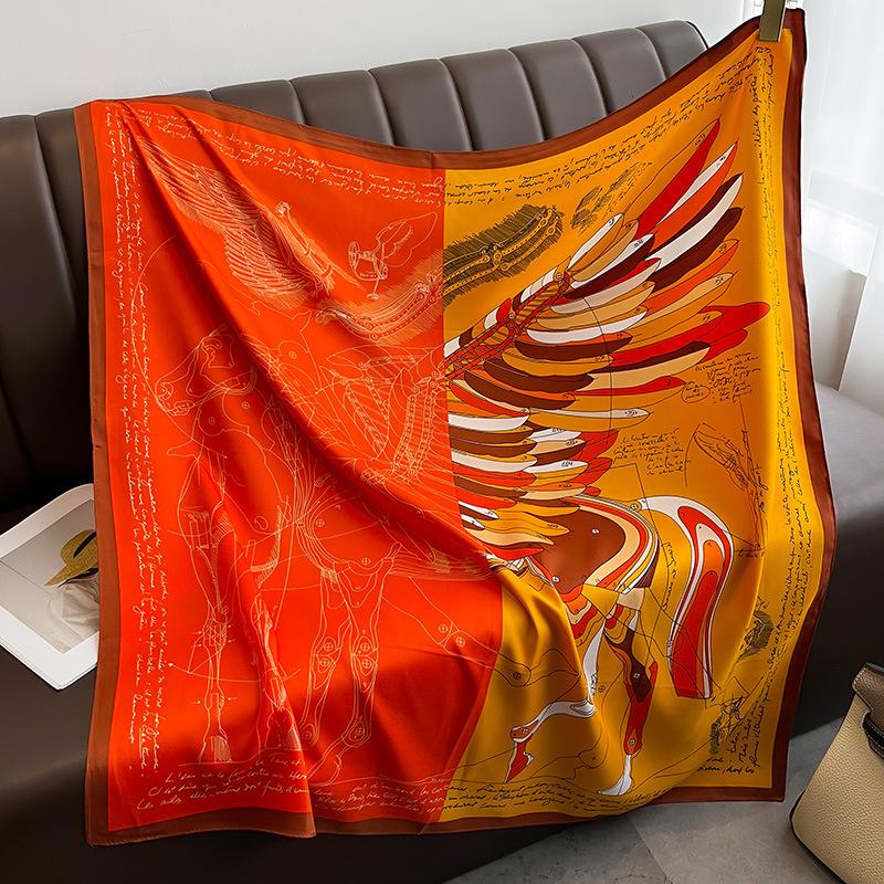 Twill Silk Scarf Women 90cm Square Hijab Shawls And Wraps Female Foulard Headkerchief Elegant Floral Summer Autumn Lady Bandana