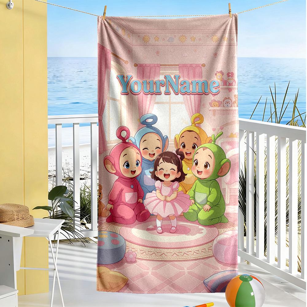 Teletubbies Customize Text Beach Towel High Absorbency & Quick-Dry Ideal for Travel Outdoor Swim Pool Yoga Surf Camping Hiking Gym Gift Holiday