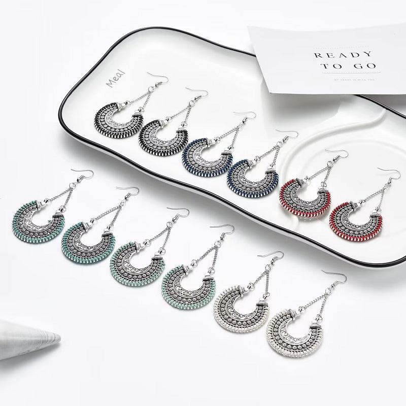 Этнические золотые серьги-подвески для женщин, цыганские винтажные серьги с синей линией и луной, индийские