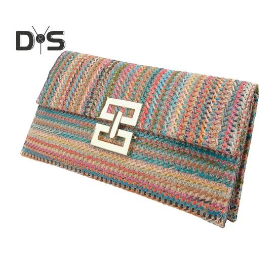 Women Clutch Bag Envelope Shape Bohemian Style Foldable Double-layer Straw Braided Solid Color Portable Summer Beach Vacation Handbag