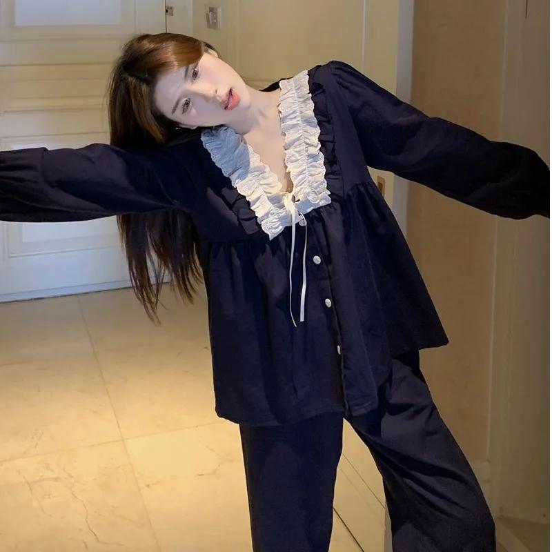 Пижама для женщин на весну и осень, новая корейская версия, милый V-образный вырез, кружево, полностью из хлопка, с длинными рукавами, домашняя одежда, комплект из двух предметов