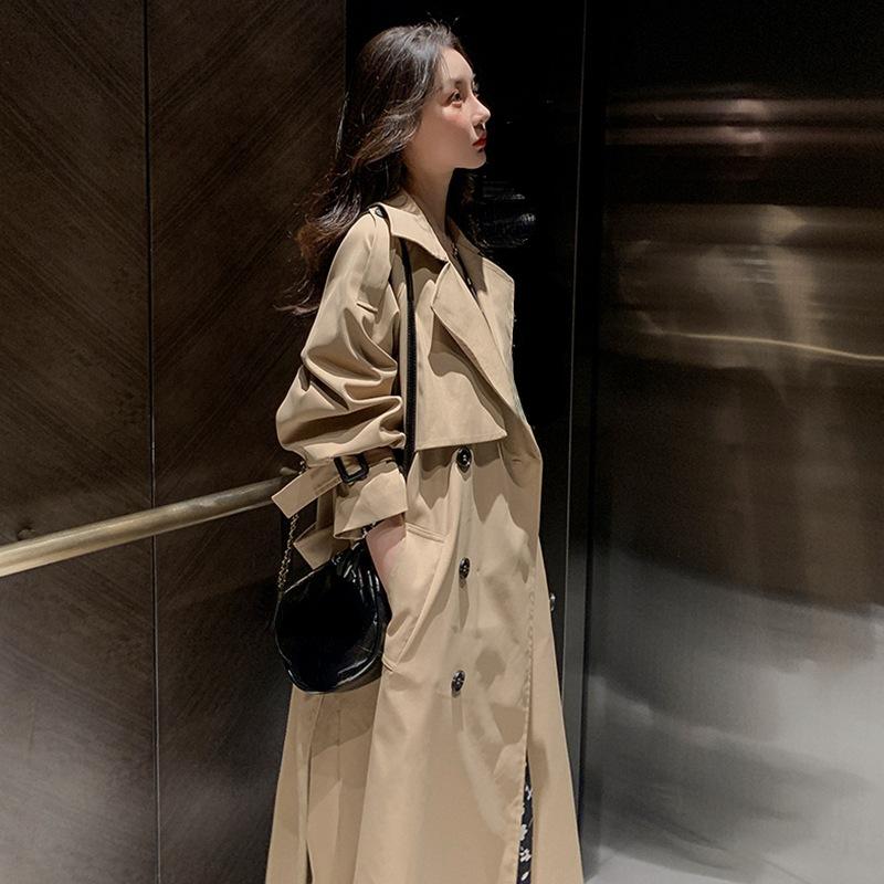 Женский осенний классический двубортный длинный плащ с поясом, женская однотонная ветровка с лацканами, зимнее пальто для женщин