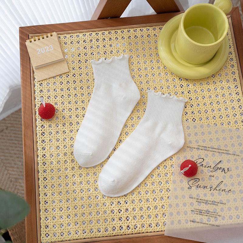 Черные носки с отделкой ушками, женские короткие носки, летние тонкие хлопковые носки, кружевные короткие носки, универсальные однотонные носки на весну и осень