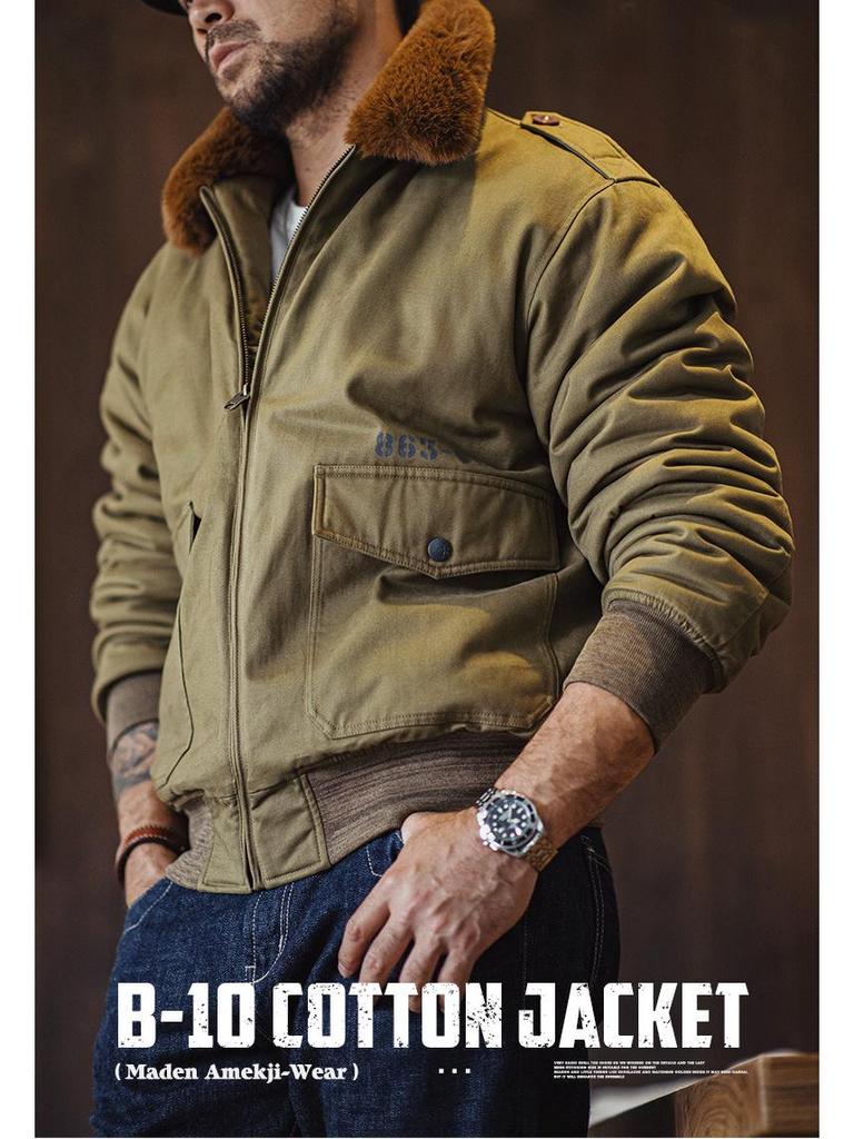 Maden Workwear B10 Ретро Бомбер - Мужская Зимняя Хлопковая Куртка с Меховым Воротником-Лацканом