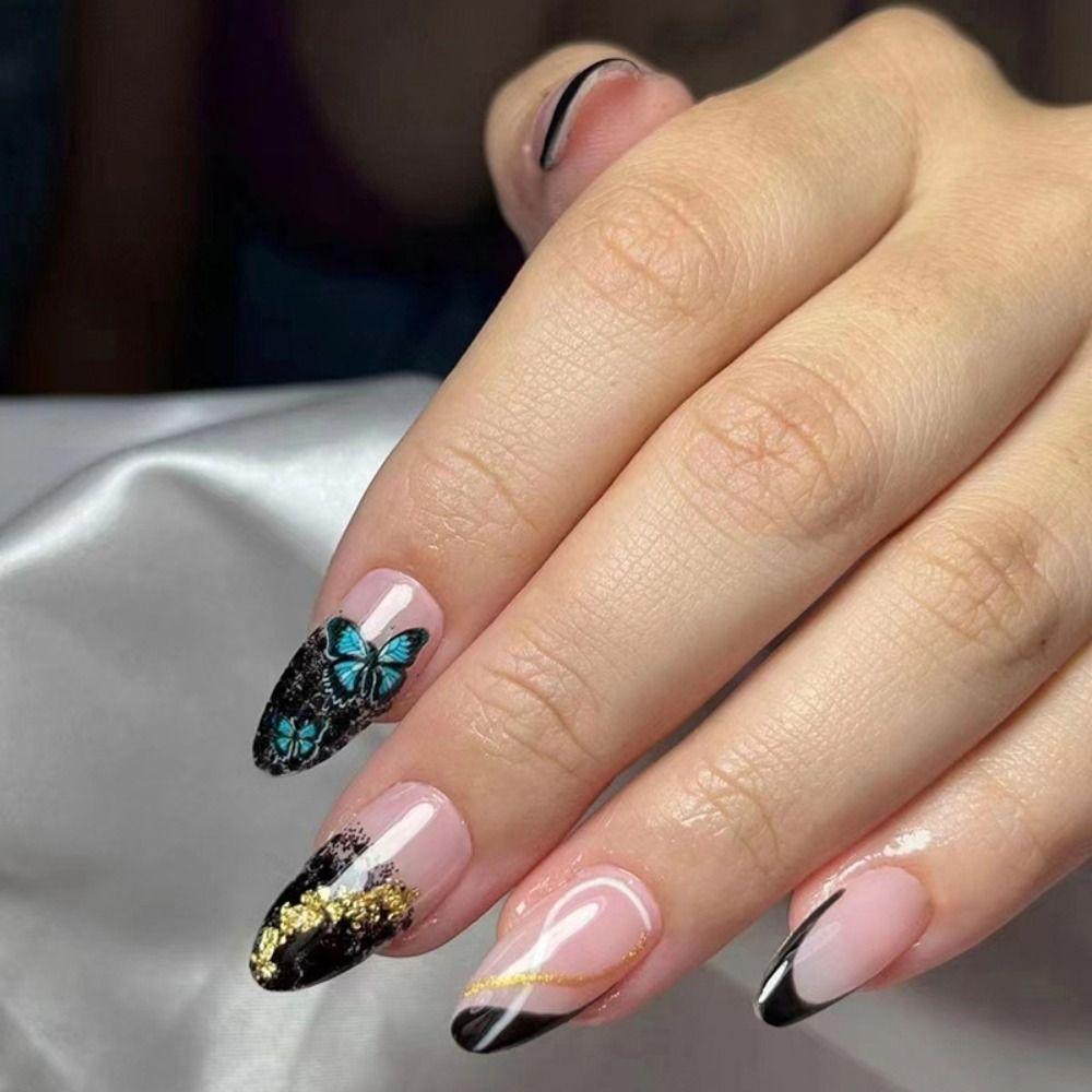 24pcs Manicure Fake Nials Press On Nails Black White Lines False Nails Long Almond French Butterfly