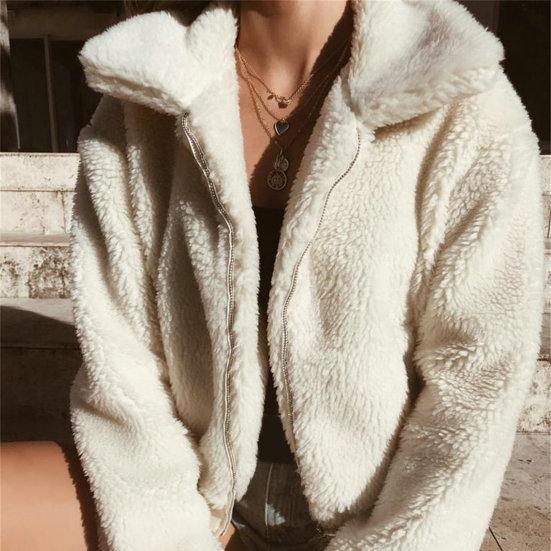 Женское зимнее пальто, толстое плюшевое однотонное пальто с длинными рукавами на молнии, мягкие теплые карманы с лацканами, повседневная эластичная манжета, уличная короткая куртка