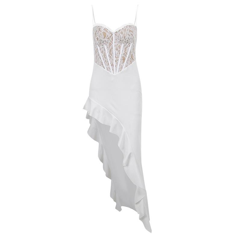 Lace Splicing Sexy See-through Halter Dress Ruffled Dress Female Summer Dress