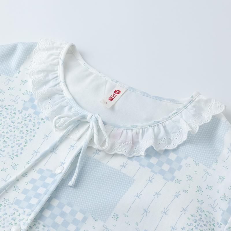 Fenteng [100% pure cotton 7A antibacterial] anti mite lace round neck cardigan long sleeved home suit set women's pajamas