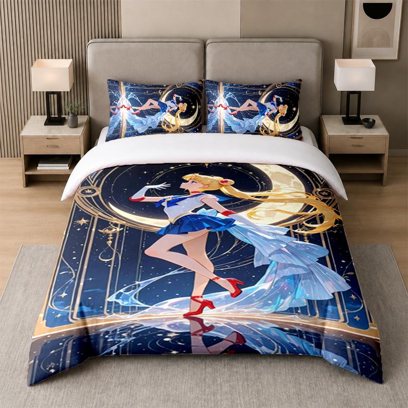 3Pcs Bed Set,Sailor Moon 1 Duvet Cover and 2 Pillowcases, Printed Bedding Decor For Guest Room