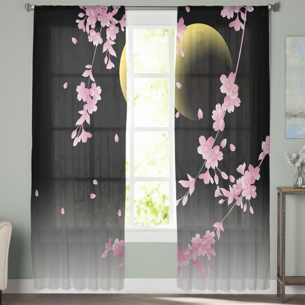 Japanese Cherry Blossom Moon Minimalist Sheer Curtains For Living Room Bedroom Kitchen Tulle Curtain For Windows Voile Drapes