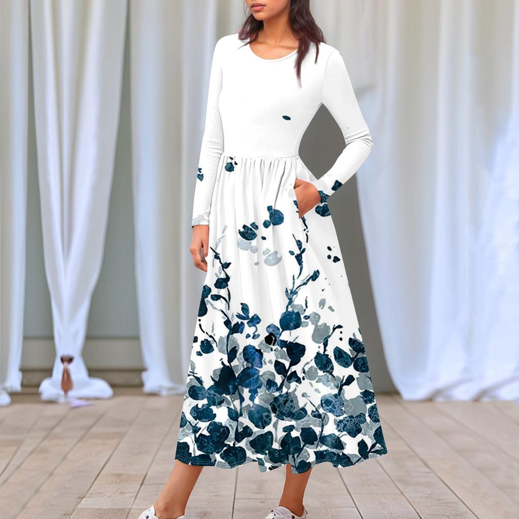 Женское платье миди в стиле бохо с цветочным принтом, повседневное, с длинным рукавом, струящиеся платья со сборками и карманом, лето и весна