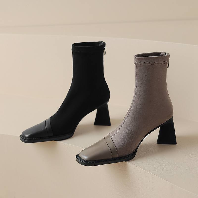 Krazing Pot Зимние эластичные ботинки из флоковой коровьей кожи с квадратным носком на толстом высоком каблуке и молнии, женские однотонные ботильоны