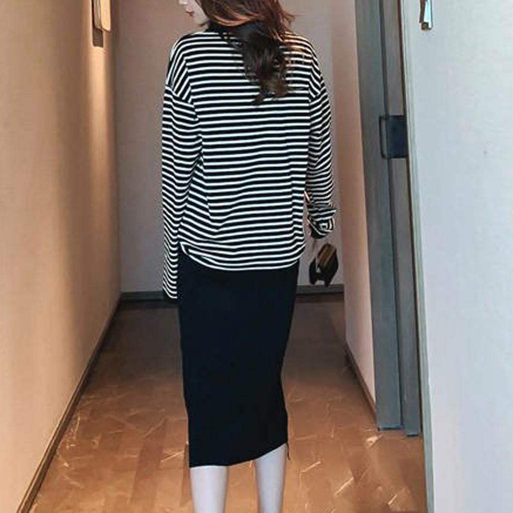 Lady Fashion Women Long Sleeve Split 2 Piece Set Casual Stripe Outfit Skirt