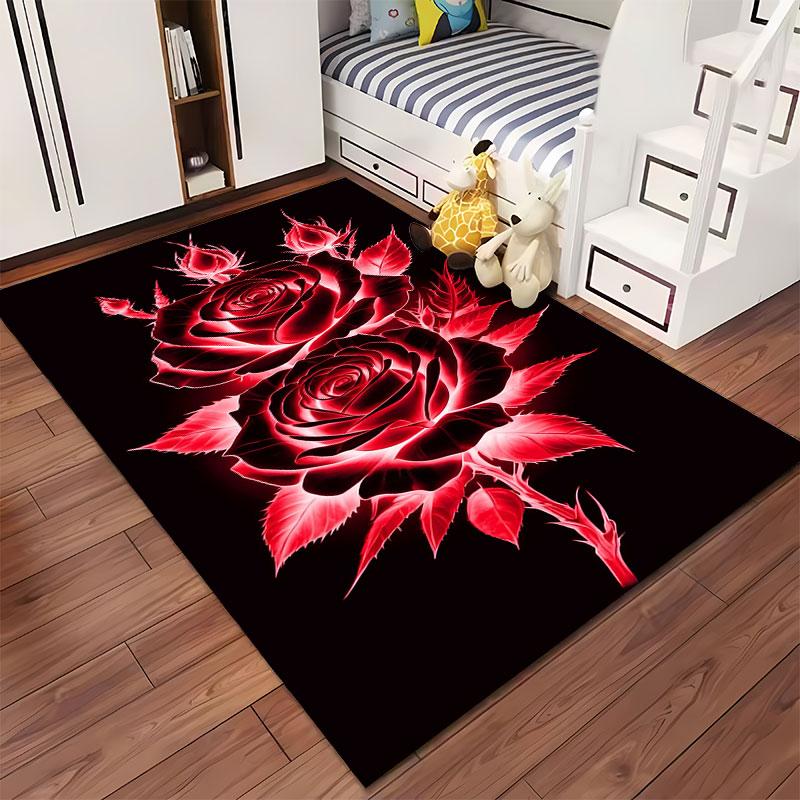 Red Neon Roses on Black Carpet suitable as a non-slip mat for the living room or bedroom sofa