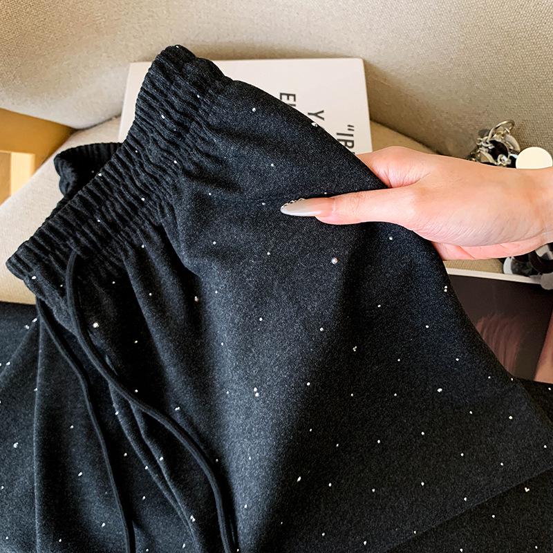 Heavy Rhinestone Velvet Cashmere Wide-Leg Pants - Women's Autumn/Winter Floor-Length Casual Sweatpants