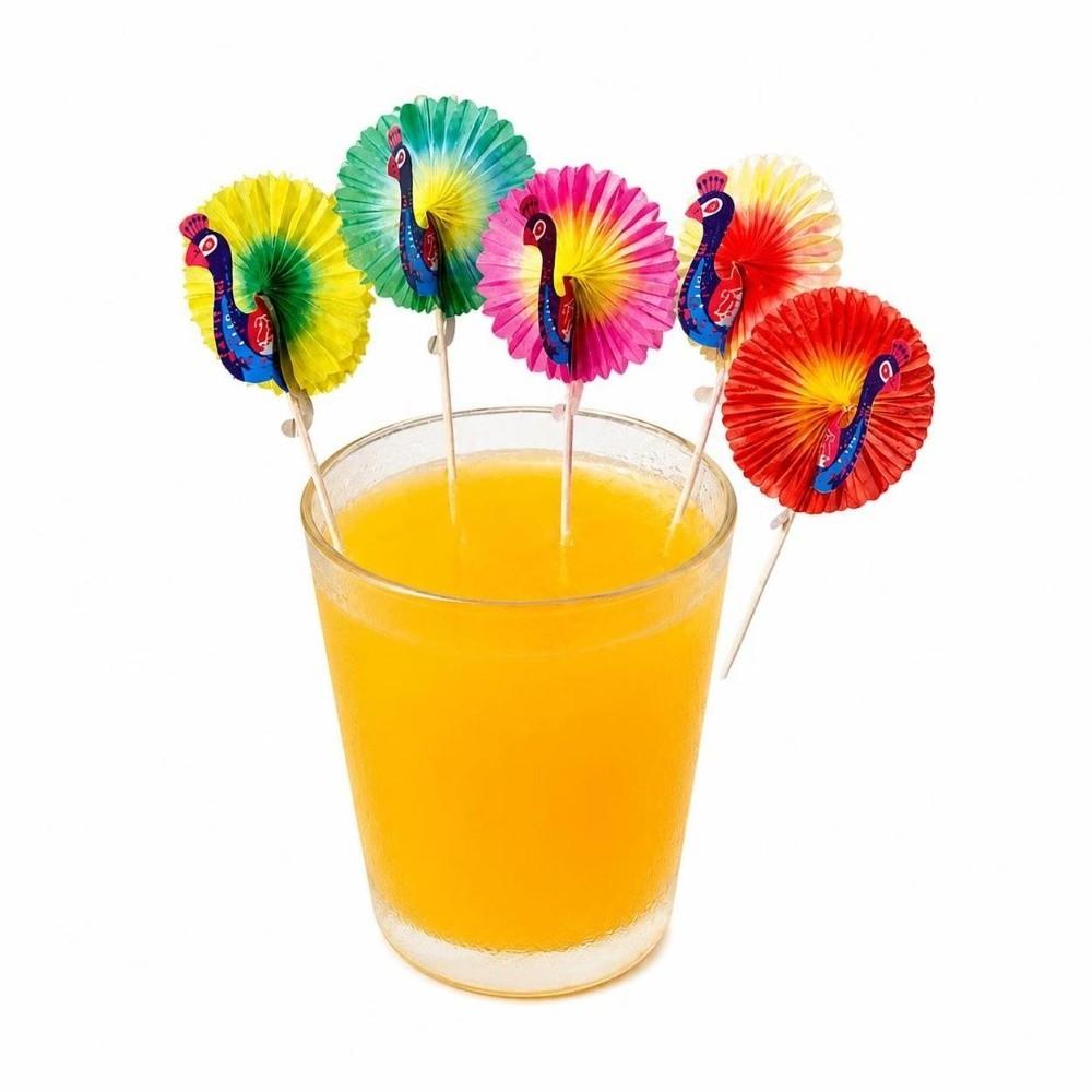 50PCS Peacock Shape Cocktail Picks Colorful Paper Umbrella Wooden Skewers Bar Restaurant