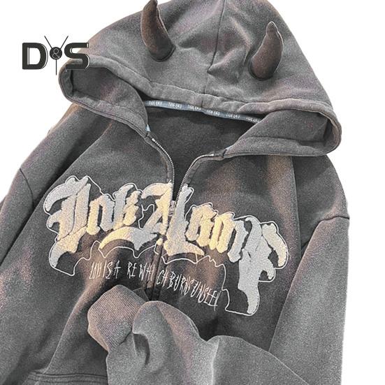 Женская осенне-зимняя куртка на молнии с капюшоном с буквенным узором Свободная толстая с длинным рукавом Теплый роговой декор Карманы Эластичные манжеты Женская куртка средней длины