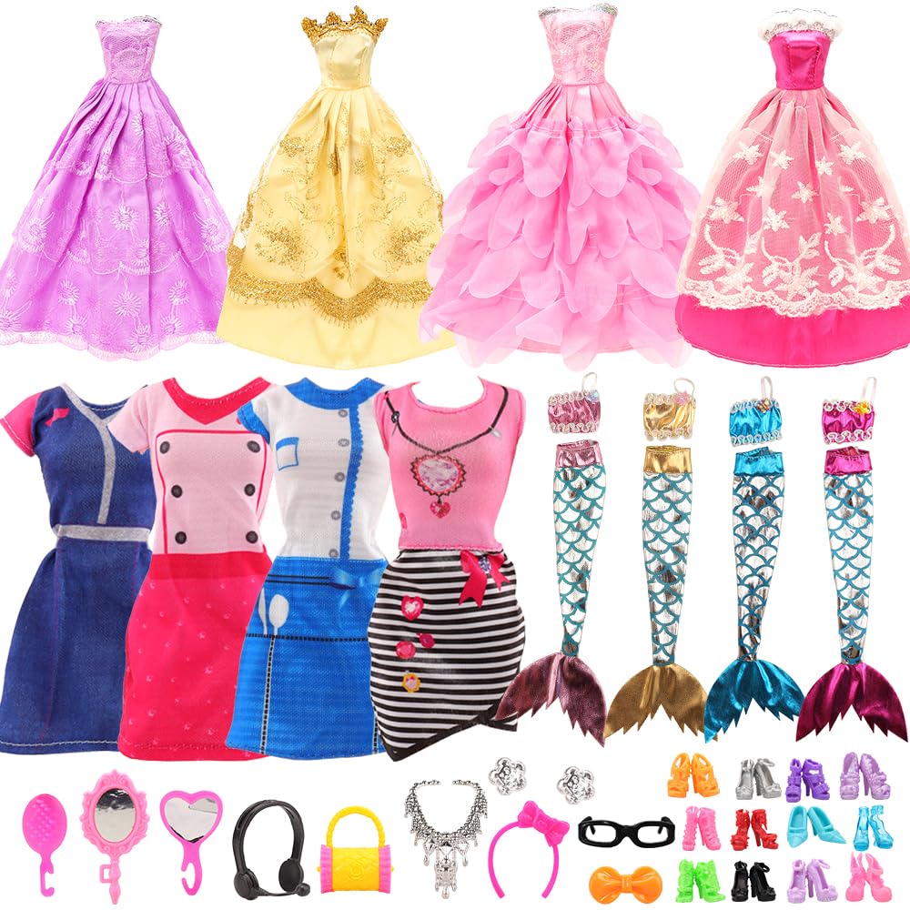 Barwawa 30cm Doll Clothes 62 Sets 4 Random Dresses 4 Dresses 4 Mermaid Dresses 10 Shoes 40 Accessories Suitable for Scale Dolls Day Gift - + One-Piece