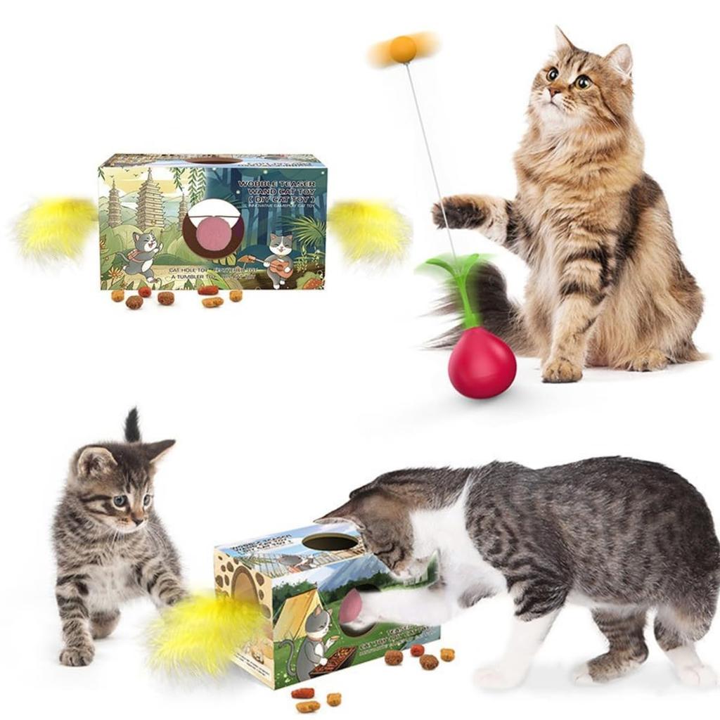 Little Bean Cat Toy, 2-in-1 Cat Toy with Daruma Doll, DIY Box, Cat Ball, and Feather Toy, Solitaire Cat Toy, Stress Relief, Exercise Relief,