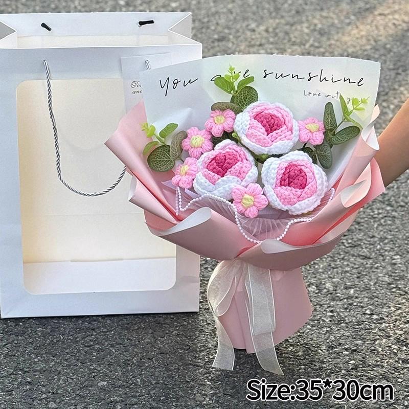 Mother'S Day Crochet Bouquet Finished Hand-Woven Artificial Flower Graduation Season Girl Friends Birthday Bouquet With Gift Bag