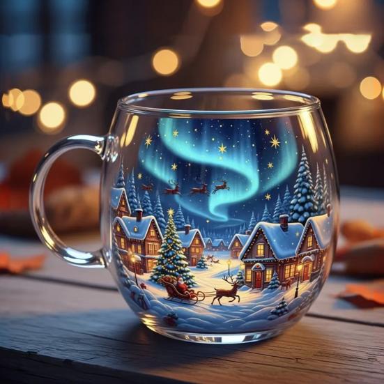 10oz Christmas Painted Mug Winter Scenery Painted Mugs Stained Glass Holiday Drinking Coffee Cup for Cafe Home Bar Decor