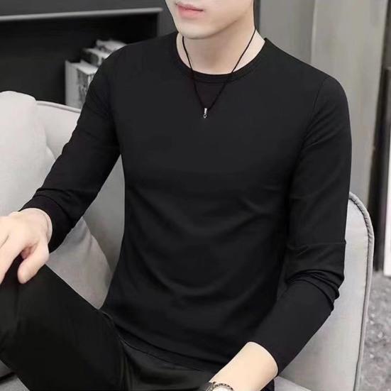 Men Top Solid Color Long Sleeve Round Neck Tee for Daily Wear Mid Length Lightweight Material Casual Style Sport Bottoming T-shirt