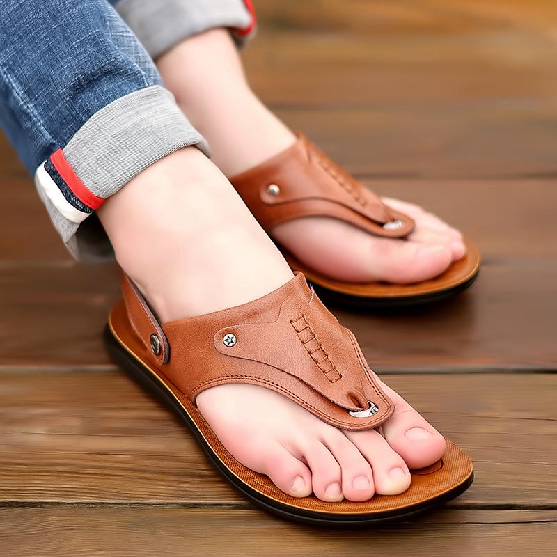 Мужские коричневые шлепанцы, летние кожаные британские ветровые и сандалии, тапочки, нескользящие, с толстой подошвой, на плоском каблуке, пляжные тапочки