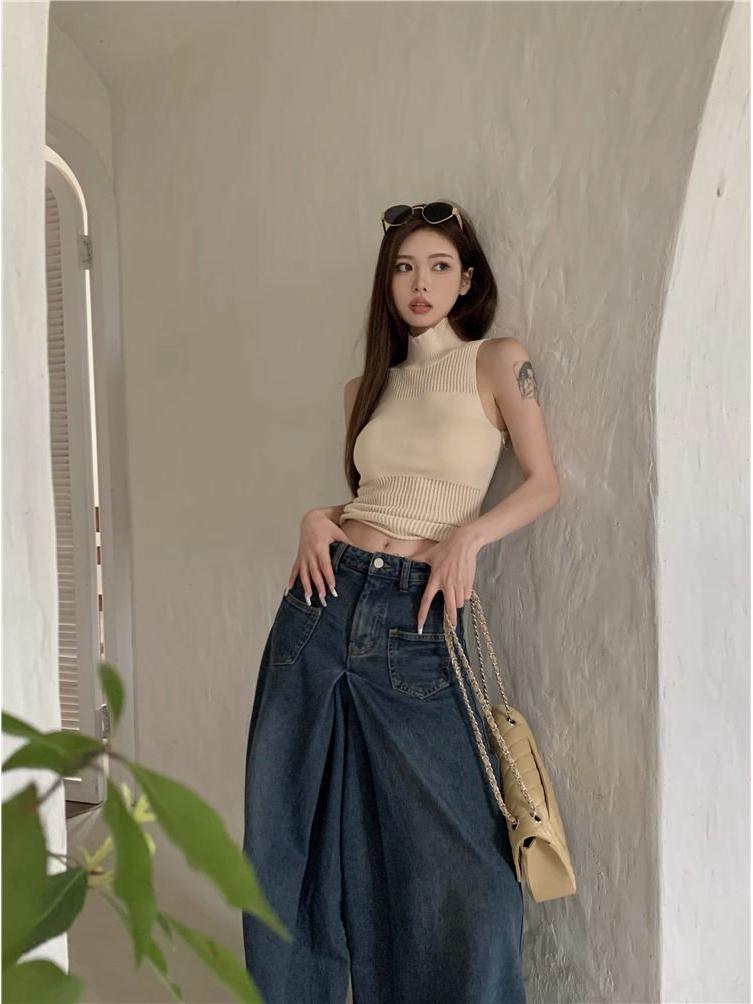 Летний пикантный топ-майка без рукавов с высоким воротом, вязаный кроп-топ - Женский французский ажурный короткий верхний слой