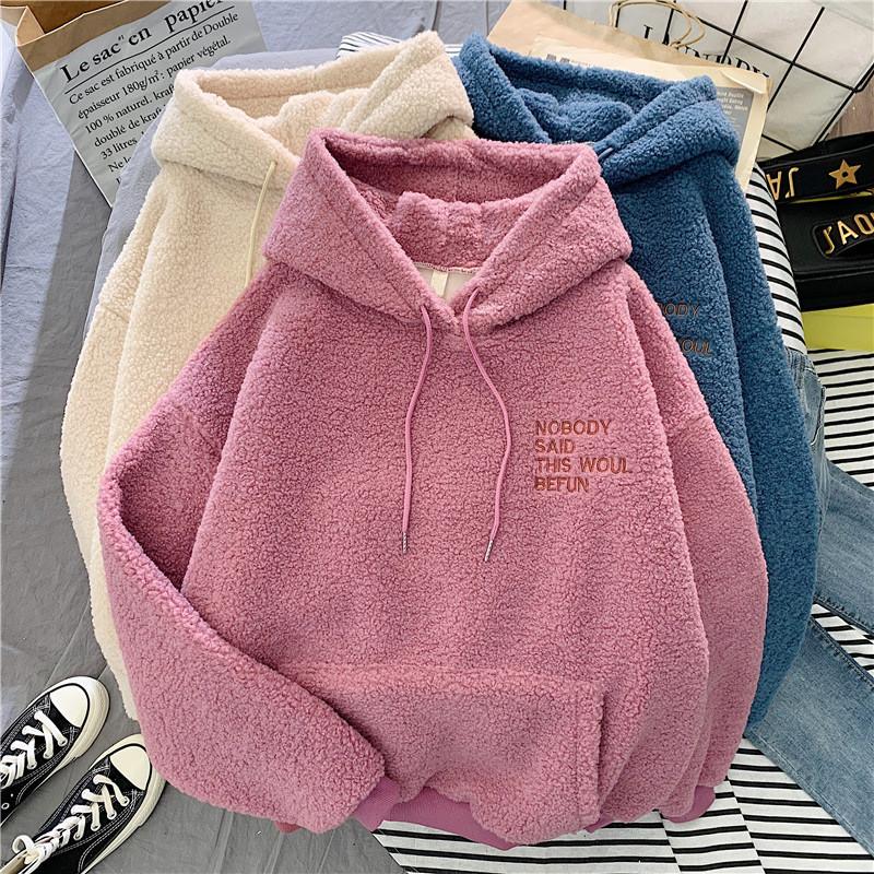 Hooded Embroidered Letter Pattern Thick Sweatshirt For Women With Loose Fit